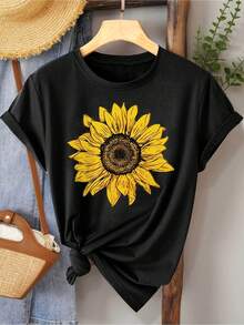 Camiseta de Mujer - Camiseta con estampado de girasoles negros para hombre y mujer - Camiseta casual de manga corta y cuello redondo, suave y transpirable, con estampado floral amarillo, ajuste cómodo adecuado para todas las estaciones, ideal para primavera, verano y otoño, tela no elástica (talla unisex para adultos) - Prenda casual versátil - Negro - Ver 6
