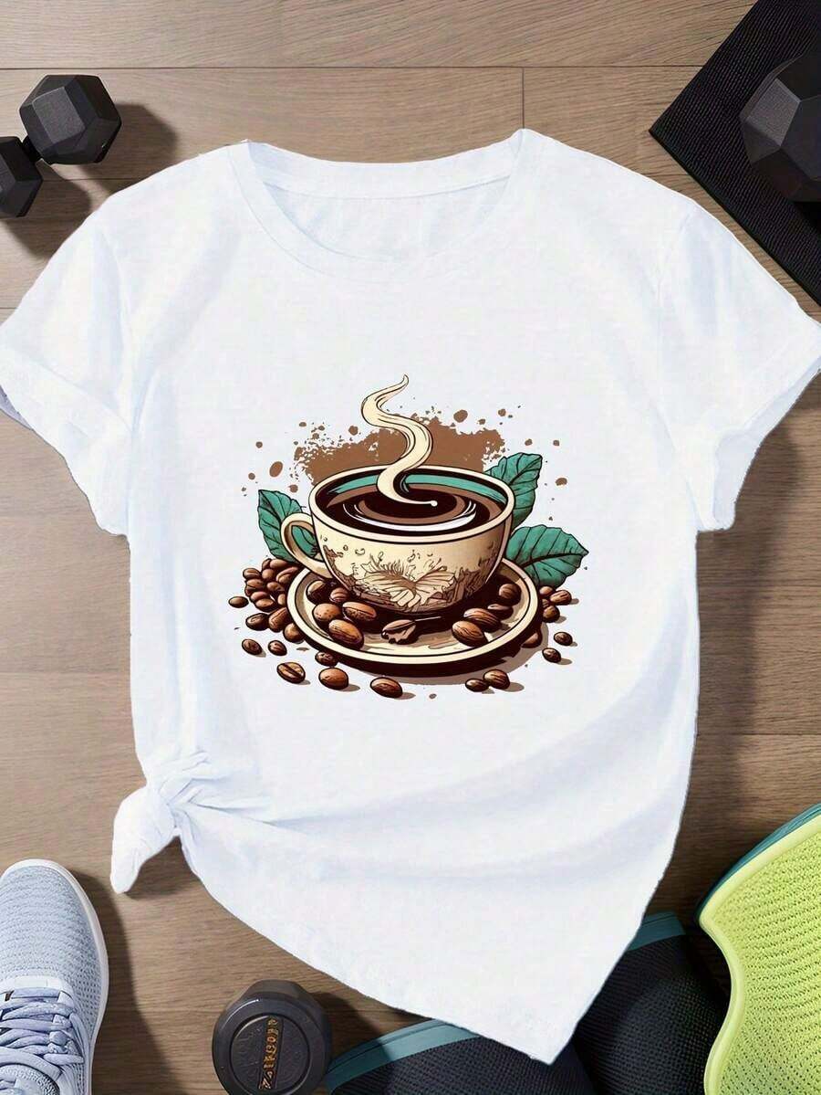 Camiseta deportiva de manga corta de talla grande con estilo retro para mujer, color café - Blanco - Ver 1