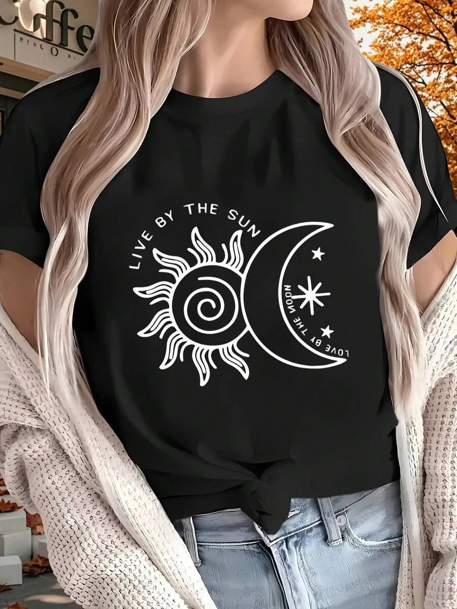 Camiseta de Mujer, Moda Mexicana, Estilo Casual, Estampado de Sol y Luna, Manga Corta, Cuello Redondo, Transpirable, Tops para Salir de Noche para Mujer - Negro - Ver 1