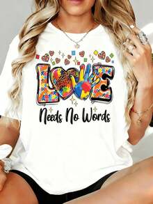 La Amor No Necesita Palabras, Camiseta con Diseño de Corazón en Forma de Pieza de Rompecabezas para Mujer, 180g, para Ocio en Casa y al Aire Libre, Regalo para el Día de San Valentín o Fiestas - Blanco - Ver 7