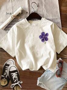 Limited Edition [Double-Sided Print] Women's Summer Casual T-Shirt, Floral Press Style, Blue And Purple Flower Print, Round Neck, Short Sleeve, Lightweight Cotton [Ling K] - 杏色 - 查看 4