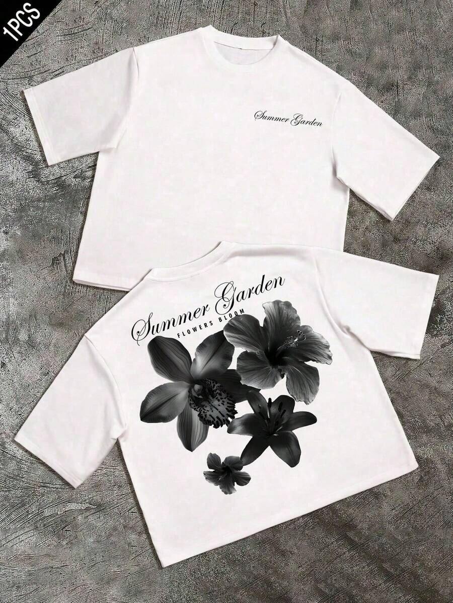 Camiseta corta de manga corta estilo oversized Summer Garden, estampado floral negro, camiseta de cuello redondo estilo casual urbano para parejas, 100% algodón. - Blanco - Ver 1