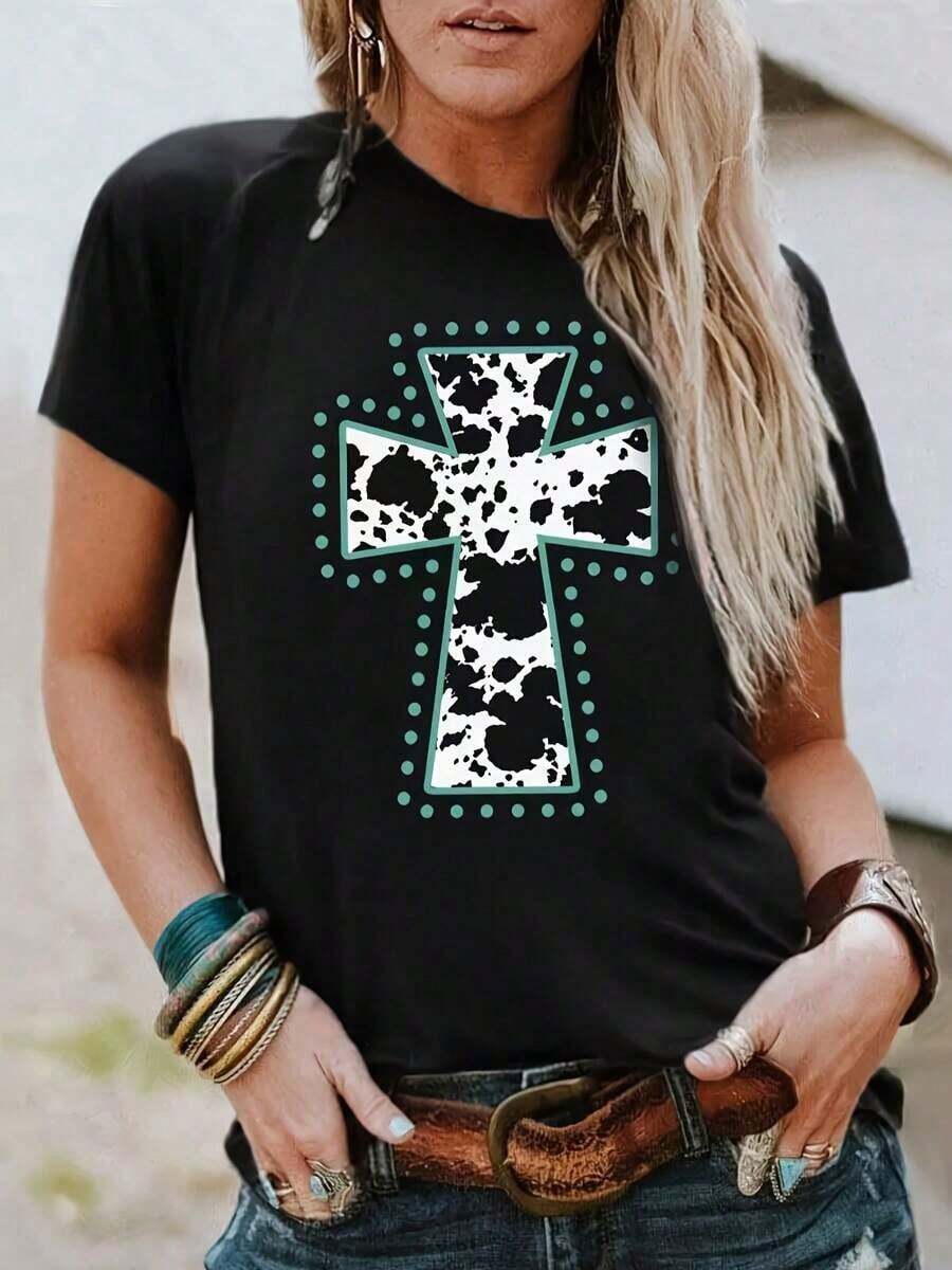 Women's T-Shirt With Cross Print, Cowhide Style, Graphic Design T-Shirt With Turquoise Dots, Casual Western And Boho Chic Top - Hitam - View 1