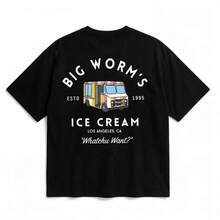 Big Worm's Ice Cream Unisex Cotton T-Shirt With Retro Truck Graphic 'What Do You Want?' Crew Neck Quote Fun LA Streetwear T-Shirt, Breathable, Soft, Comfortable And Fitted For Men. - 黑色 - 查看 2