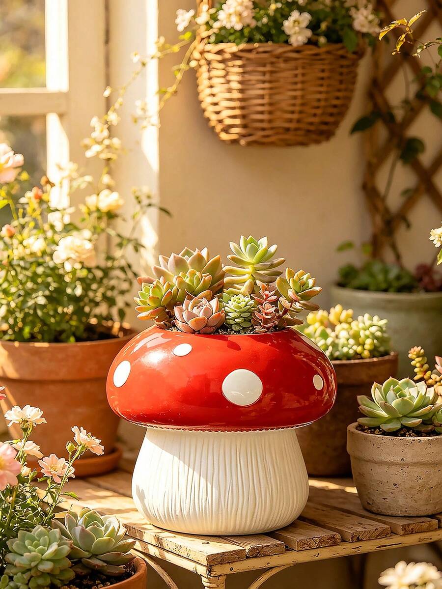 1 Set de Macetas con Forma de Seta, Adecuadas para Decoración de Escritorio, Decoración del Hogar y Uso al Aire Libre. Crea una Atmósfera Rústica, Excelente Regalo para Fiestas - A - Ver 1
