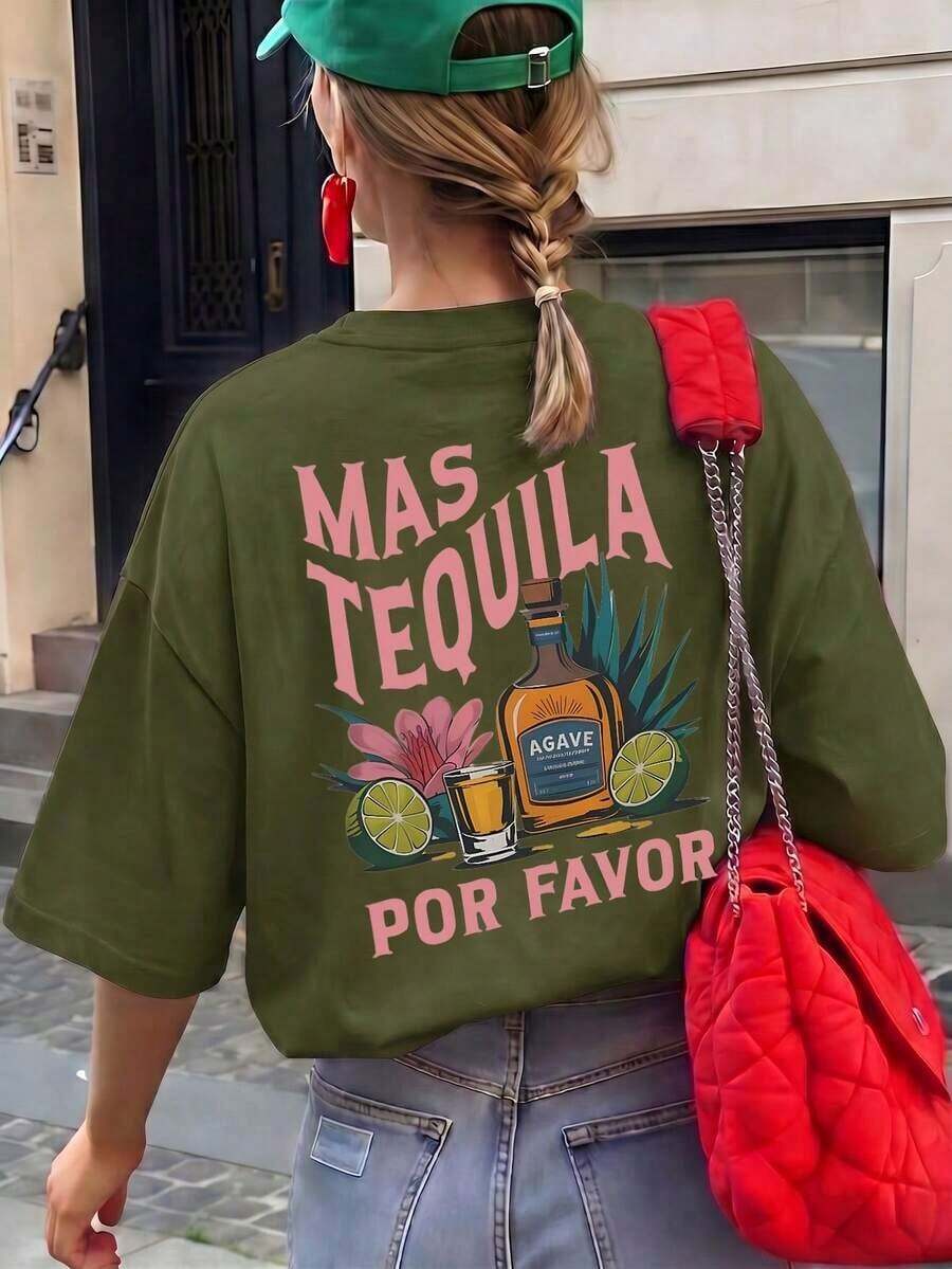 Camiseta de mujer estampada de manga corta para verano, tela de poliéster, estilo multifuncional, corte regular, peso 180 gramos, 1 unidad.,Playera Gráfica Oversized Mujer Verano Casual - Verde militar - Ver 1