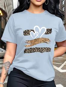 Glitter Heart Print T-Shirt With Leopard Print Design,  And Breathable, Suitable For Family Trips, School Activities, Casual Sports, Daily Commutes, Matching Sister Outfits, Versatile T-Shirt. 9XO7 - 淺藍色 - 查看 2