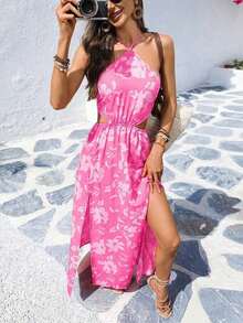 Vestido largo con estampado floral, sin mangas y con diseño calado en la cintura, para vacaciones - Rosa - Ver 6