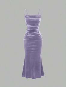 YHHSweetra Vestido casual de vacaciones de unicolor con tirantes de espagueti, fruncido y ajustado, para fiestas de Año Nuevo y vacaciones, vestido largo de terciopelo burdeos para mujerYHH - Lila Púrpura - Ver 11