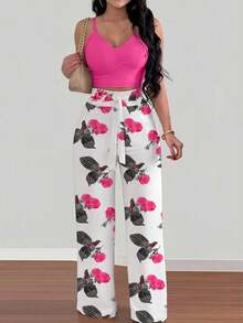 Set de 2 piezas con top de tirantes con estampado floral y pantalones anchos con cintura elástica y lazo para mujeres - Rosa Fucsia - Ver 3
