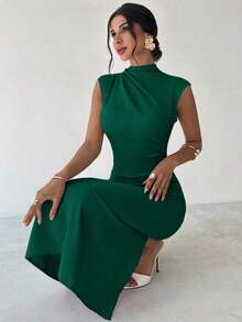 Vestido largo de verano elegante y minimalista para uso diario, viajes y ocasiones casuales, con cuello mao, mangas drapeadas y cintura ceñida, color albaricoque - Verde Oscuro - Ver 8