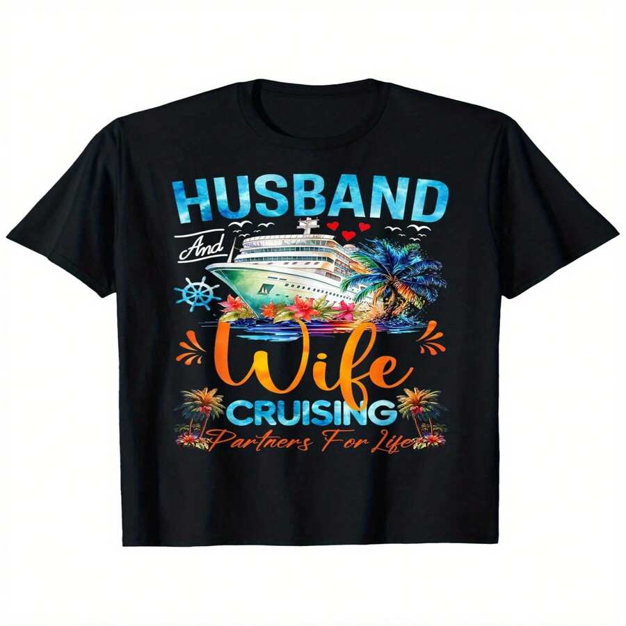 Exclusive Couple's T-Shirts, Perfect For Independence Day And Father's Day. Husband And Wife Cruise Print T-Shirts For 2025, 100% Fitted, Short-Sleeved, With A Cruise Ship And Palm Tree Design, Unisex Adult Sizes (S-XXXL), Perfect For Couple's Vacations And Cruises. - 黑色 - 查看 1