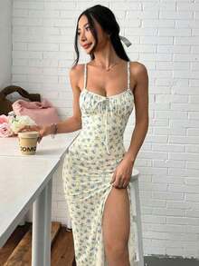 Vestido de tirantes con abertura lateral y estampado floral diminuto para vacaciones de mujer - Multicolor 2 - Ver 5