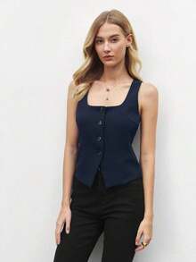 Blusa de un solo pecho de unicolor, versátil y casual para uso diario - Azul marino - Ver 3