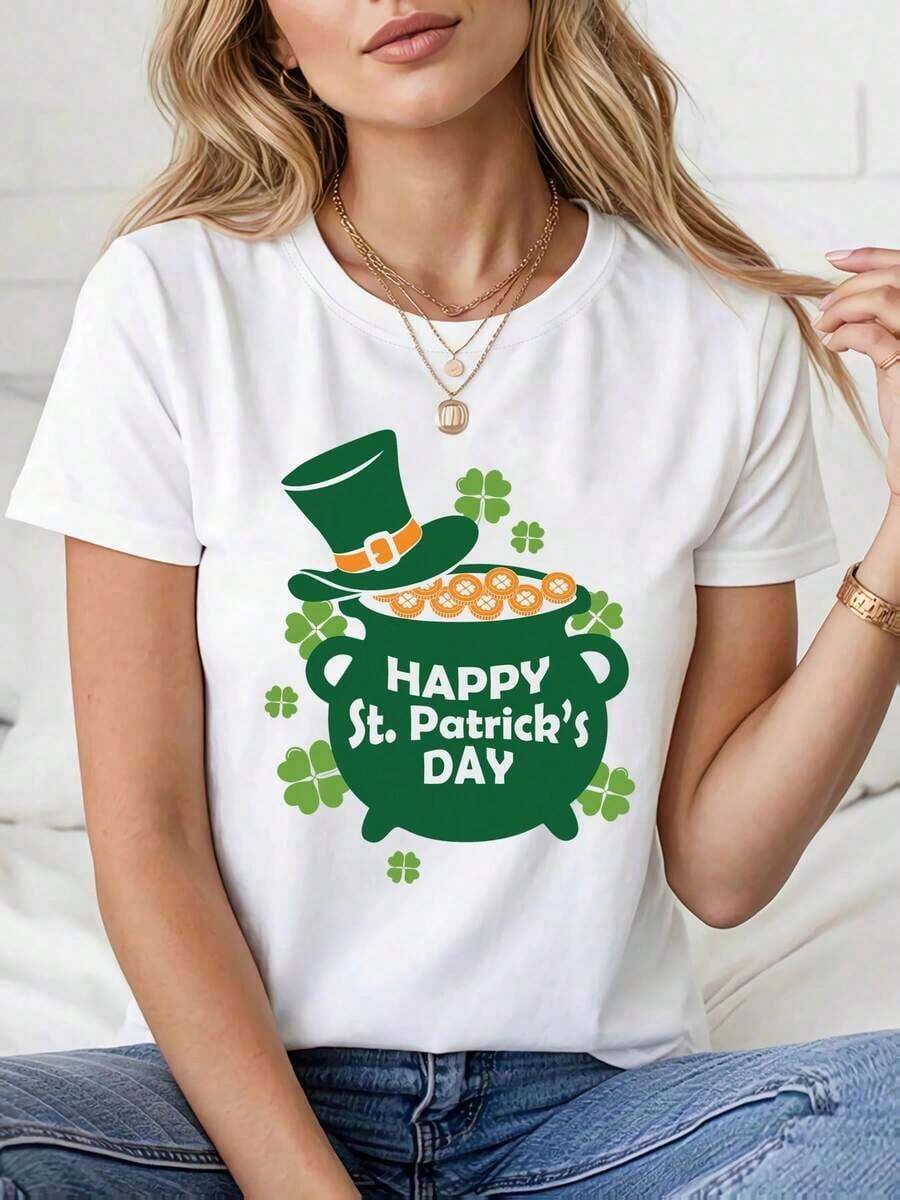 Camiseta de Mujer con Estampado de Sombrero Estilo Irlandés para el Día de San Patricio - Camisa de Manga Corta con Cuello de Tul para Primavera/Verano, Adecuada para Eventos Temáticos Irlandeses y Uso Casual - Blanco - Ver 1