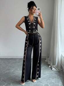 Set de 2 piezas de top de tirantes y pantalones con estampado floral, conjunto de vestir elegante de verano - Negro - Ver 7