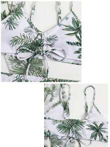Conjunto de bikini con estampado tropical de tres piezas sujetador de empuje y bottom de bikini tipo hipster y kimono para mujer estilo vacaciones de verano en la playa - Verde Oliva - Ver 7