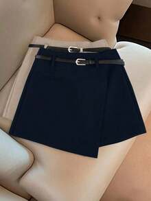 Pantalones con falda asimétrica de moda casual para ir al trabajo, pantalones cortos multifuncionales para mujer sin cinturón, pantalones con falda asimétrica a juego sin cinturón, falda asimétrica, falda con dobladillo asimétrico, falda pantalón - Azul marino 2 - Ver 1