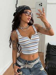 de ropa casual y minimalista para deportes, uso diario, fiestas y aeropuerto, con rayas grises y amarillas, atuendo ideal para festivales de música, outfit de verano para mujer, top de tirantes para mujer - Multicolor 2 - Ver 5