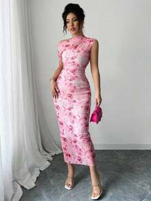 Vestido mini ajustado de 2025 verano de tinte degradado en melocotón suave francés con cuello asimétrico fruncido en la cintura - Multicolor - Ver 4