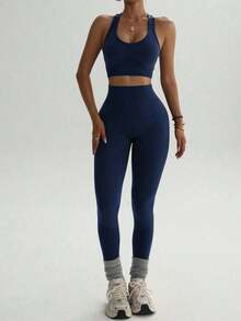 Conjunto de ropa deportiva de top de tirantes de cuello de pico y pantalones ajustados de cintura alta para mujer - Azul marino - Ver 3