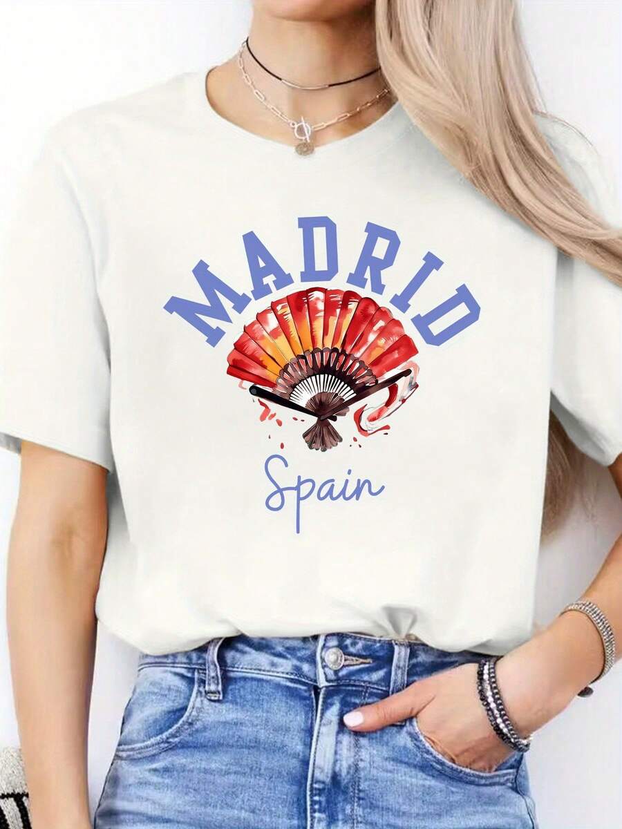 Camiseta casual para mujer con estampado de letras españolas - "Madrid España" diseño, cuello redondo, manga corta, tejido elástico, perfecto para primavera/verano, ropa casual| Camiseta con estampado vibrante| Estiramiento medio - [Blanco] - Ver 1