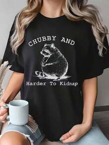 Camiseta casual de manga corta con cuello redondo y estampado de mapache para mujer, de corte holgado y talla grande, adecuada para primavera y verano, camiseta de mujer, lavable a máquina, ajuste cómodo. - Negro - Ver 6