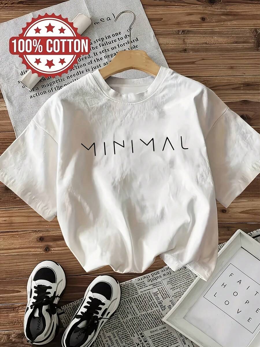 Women's Summer Short Sleeve T-Shirt, 100% Cotton; Letter Print; Loose Fit Casual Short Sleeve Top; Comfortable And Soft Loungewear; Suitable For Home Office, Outings, Work; Breathable Casual T-Shirt For All Seasons - 白色 - 查看 1
