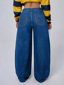 ALO FASHION Elegant Boho Style Women's Denim Wide Leg Jeans High Wash Finish Stretch Casual Long Pants - 寶藍色 - 查看 6