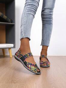 Rhombus Colorblock Plaid Boho Casual Elegant Woven Criss-Cross Embroidered Sneakers, Suitable For Casual, Work, Indoor And Outdoor Wear, All Seasons - Rainbow Purple - View 4