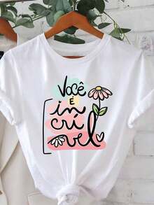 Women's T-Shirt With Motivational Print "You Are Amazing" In Portuguese, For Everyday Wear, Sweet Style, Short Sleeve, Casual Style - 白色 - View 1