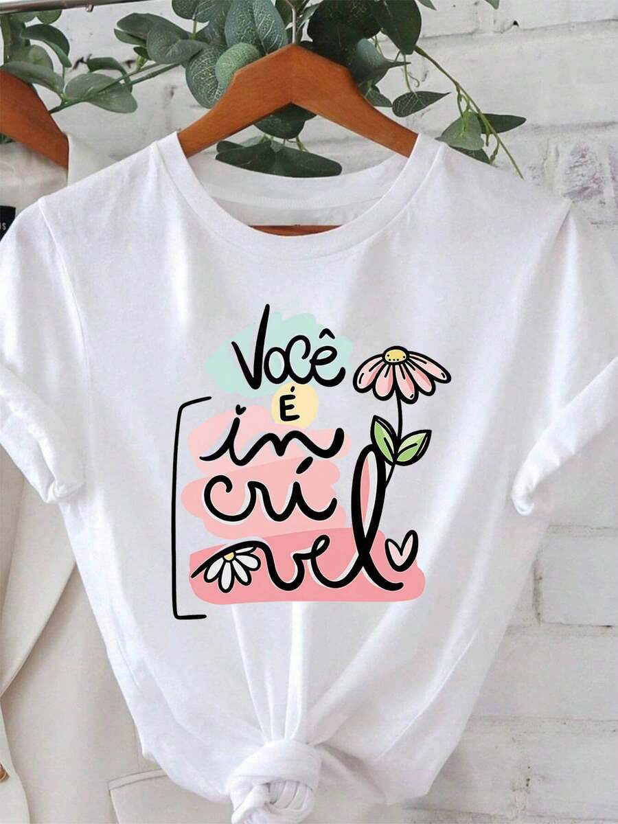Women's T-Shirt With Motivational Print "You Are Amazing" In Portuguese, For Everyday Wear, Sweet Style, Short Sleeve, Casual Style - 白色 - View 1