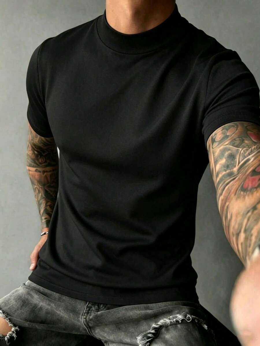 Men's Casual Versatile Solid Color Half-Turtleneck Short Sleeve T-Shirt, Suitable For Daily Commute, Spring/Summer - Black - View 1