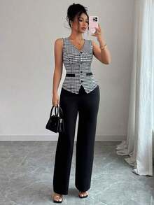 Conjunto de 2 piezas de chaleco elegante y pantalones a cuadros de pata de gallo para damas - Negro - Ver 7