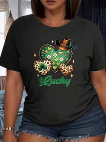 Women's Lucky Heart Casual T-Shirt With Shamrock And Leopard Print For St. Patrick's Day, Cowboy Style, 220g - 黑色 - 查看 6