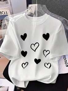 Limited EditionMujer camiseta casual con estampado de corazones, tela suave, diseño holgado, cuello redondo, manga corta, primavera‑verano, uso diario, playera,Estampado corazón negro y blancoLightweight Cotton - Blanco - Ver 4