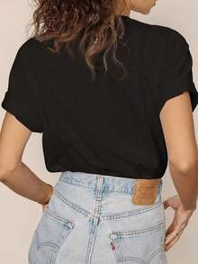 Women's Western Bohemian Style T-Shirt With Dachshund, Cowboy, And Leopard Print - Cute Dachshund Design With Cowboy Hat And Hoof Ears, Casual Short Sleeve Crew Neck Top For Spring, Summer, And Autumn, Clothing For Dachshund Lovers. Women's T-Shirts - 黑色 - 查看 4