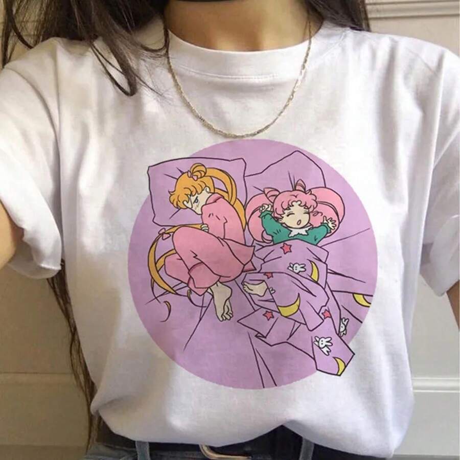 Nueva y hermosa camiseta de manga corta con estampado de luna y hielo de agua, de algodón con dibujos animados, cuello redondo, 220 g, de algodón puro, para hombres y mujeres, tejido grueso, resistente a las arrugas y que no se deforma fácilmente. Estilo sencillo y versátil, ligero y transpirable, perfecto para ir al trabajo, viajar, acampar, ir de compras y para el tiempo libre diario. - Blanco - Ver 1