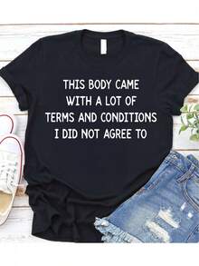 Women's Black Pure Cotton T-Shirt: Design With Slogan Related To Body Aesthetics. - 黑 - 查看 1