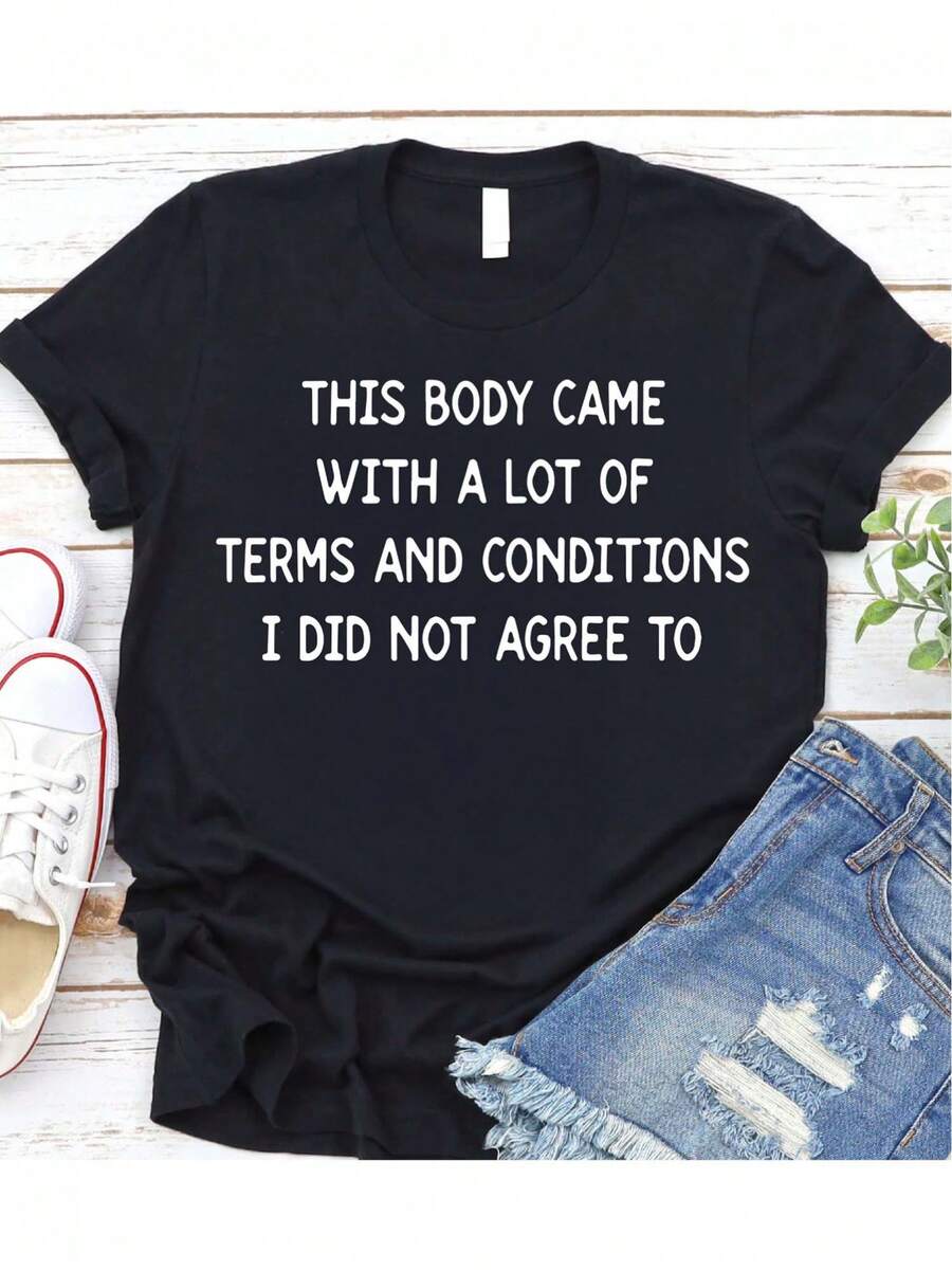 Women's Black Pure Cotton T-Shirt: Design With Slogan Related To Body Aesthetics. - 黑 - 查看 1
