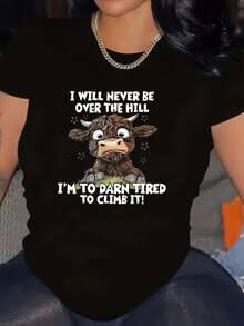 Talla Grande - Talla Grande - Camiseta de Mujer con Estampado de Vaca de Dibujos Animados 'I Will Never Over The Hill' - Casual, Cuello Redondo, Manga Corta, Cómoda para Todas las Temporadas, Lavable a Máquina - Negro - Ver 8