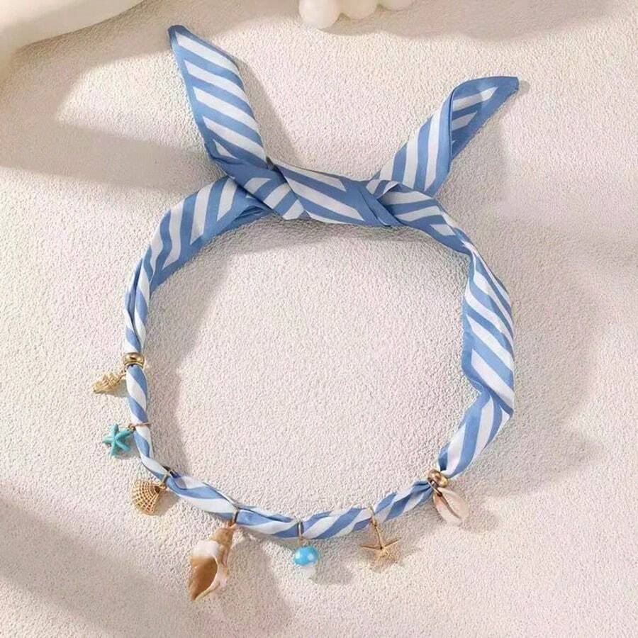Một chiếc vòng cổ ruy băng kẻ caro xanh trắng thời trang, phong cách Bohemian lấy cảm hứng từ đại dương, vòng cổ bằng vải thanh lịch và sang trọng, bao gồm vỏ sò, sao biển, nấm, vòng cổ mặt dây chuyền đa dạng họa tiết, thích hợp cho phụ nữ đeo khi đi biển vào mùa hè. - Nhiều màu - Xem 1