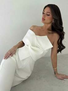 Mono modesto todo blanco para mujer, estilo "old money" casual de negocios para salir, diseño elegante con giro 3D sin mangas y espalda descubierta, adecuado para primavera, verano, otoño, invierno, festivales de música, vuelta al cole, vacaciones, ir al trabajo, aeropuerto - Blanco - Ver 2