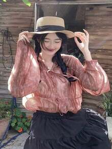 Blusa casual de verano con cuello en V, mangas largas, plisada y con lazo frontal para mujer - Rosa - Ver 3