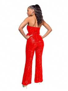 New Women's Jumpsuit, Hot Style, Sleeveless, Sequined, Backless, With Ribbons, Tube Top, Sexy Design, Perfect For Photoshoots, Nightclubs, Parties And Evening Looks - 紅色 - 查看 3