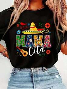 Camiseta floral vintage de algodón puro para el Cinco de Mayo, ideal para madres entusiastas de la cultura mexicana para celebrar el festival, top cómodo de manga corta y cuello redondo para primavera y verano. - Negro - Ver 7