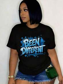 Camiseta de manga corta con estampado gráfico de gran tamaño para mujer, diseño inspirado en grafiti azul, estilo 'S Comfit, ropa de moda para mujer, estilo retro Y2K, ideal para amantes del campus, desplazamientos diarios, festivales de música, citas de brunch, top combinable. - Estilo - Ver 10