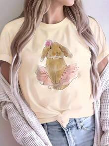 Camiseta de manga corta y cuello redondo con estampado de falda de baile de conejo estilo colorido y adorable de Pascua - Albaricoque - Ver 1