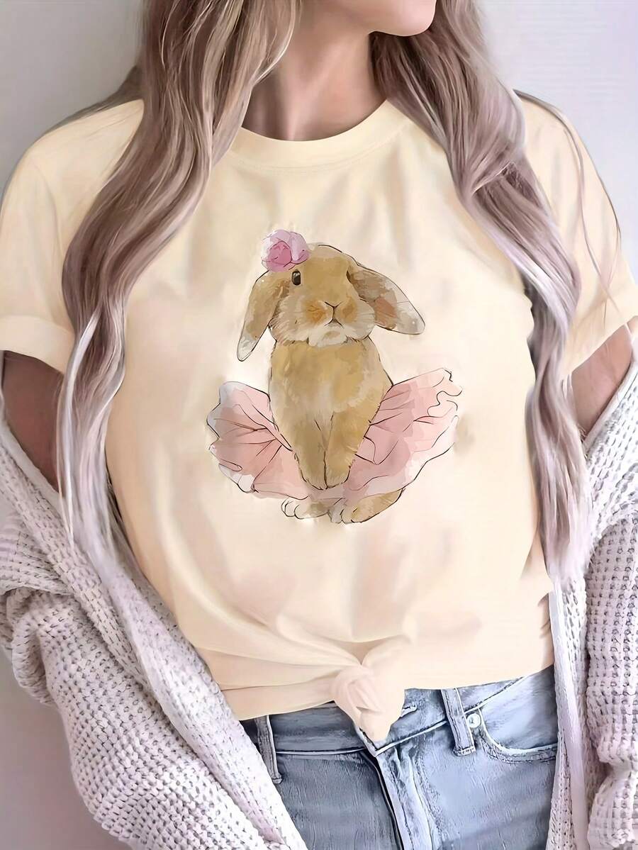 Camiseta de manga corta y cuello redondo con estampado de falda de baile de conejo estilo colorido y adorable de Pascua - Albaricoque - Ver 1