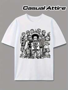Camiseta Casual Estampada de Talla Grande para Hombre - Fuente negra llamativa combinada con elegantes personajes de dibujos animados, diseño de estilo urbano hip-hop, adecuada para uso casual y diario, un regalo ideal para los amantes de las  y los entusiastas de la moda urbana. - Blanco - Ver 8